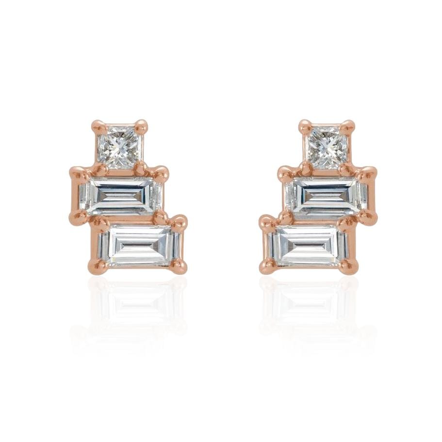 Geometric Art Deco Inspired Baguette and Princess Diamond Cluster Stud Earrings 14k Rose Gold Earrings by Nodeform