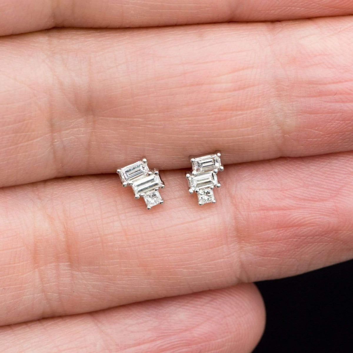 Geometric Art Deco Inspired Baguette and Princess Diamond Cluster Stud Earrings Earrings by Nodeform