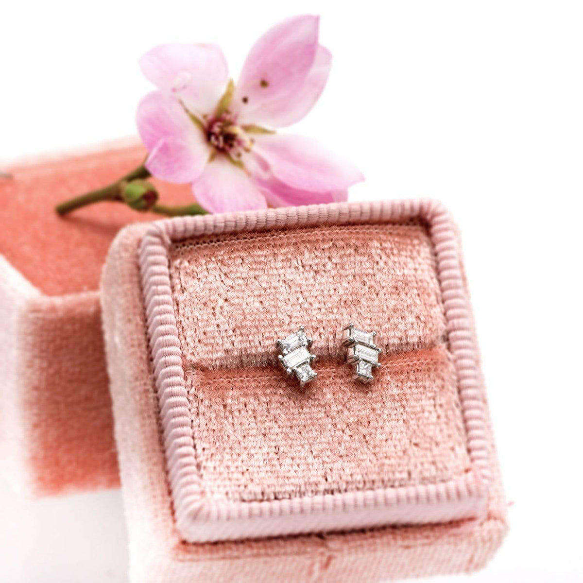 Geometric Art Deco Inspired Baguette and Princess Diamond Cluster Stud Earrings Earrings by Nodeform
