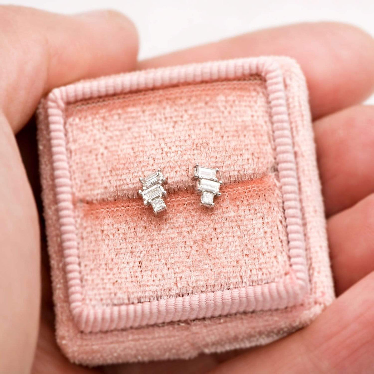 Geometric Art Deco Inspired Baguette and Princess Diamond Cluster Stud Earrings Earrings by Nodeform