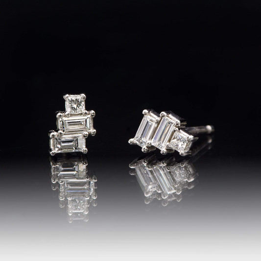Geometric Art Deco Inspired Baguette and Princess Diamond Cluster Stud Earrings 14k White Gold Earrings by Nodeform