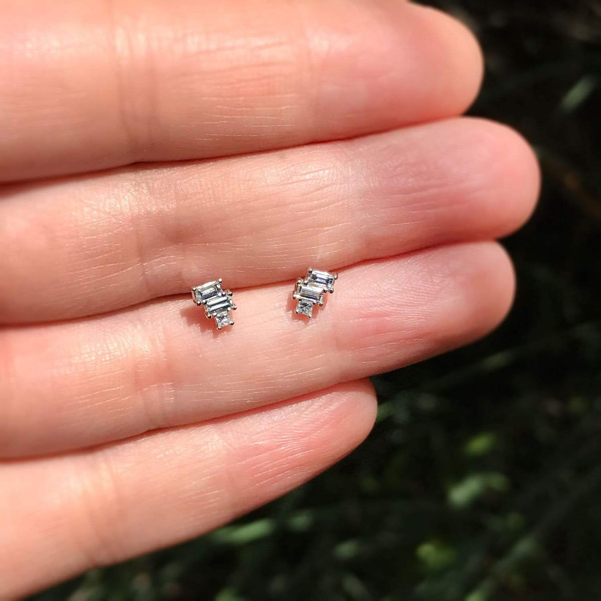 Geometric Art Deco Inspired Baguette and Princess Diamond Cluster Stud Earrings Earrings by Nodeform