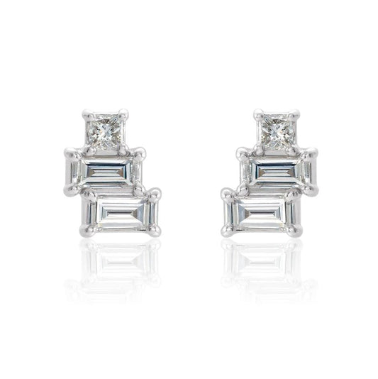 Geometric Art Deco Inspired Baguette and Princess Diamond Cluster Stud Earrings 14k White Gold Earrings by Nodeform