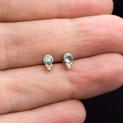 Fair Trade Green-blue Montana Sapphire Mixed Metal Bezel Stud Earrings with Moissanite Accents Earrings by Nodeform