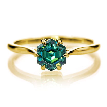 Dahlia Solitaire - Hexagon Green Moissanite 6-Prong Solitaire Engagement Ring 14k Yellow Gold Ring by Nodeform