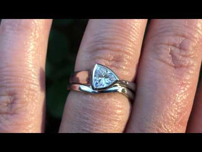 Tetra Bridal Set Trillion Moissanite Bezel Engagement Ring & Wedding Band