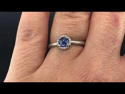 Blue Rose Cut Sapphire & White Diamond Halo White Gold Engagement Ring, size 4 to 9