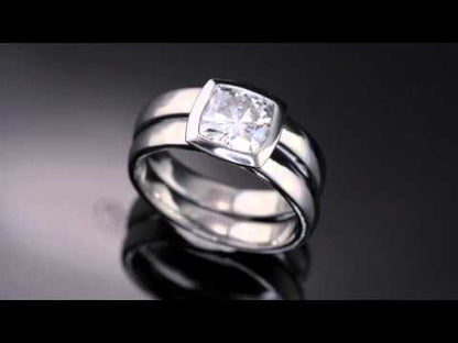 Cushion Moissanite Bezel Engagement Ring and Wedding Band Bridal Set