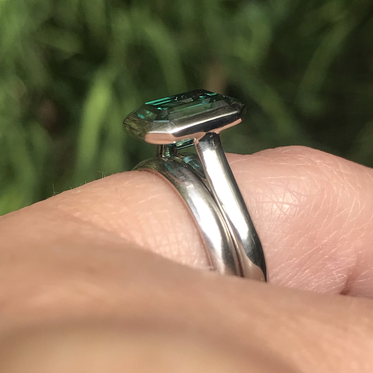 Emerald Cut Green Moissanite Olivia Bezel Set 14k White Gold Solitaire Cathedral Engagement Ring Ring Ready To Ship by Nodeform