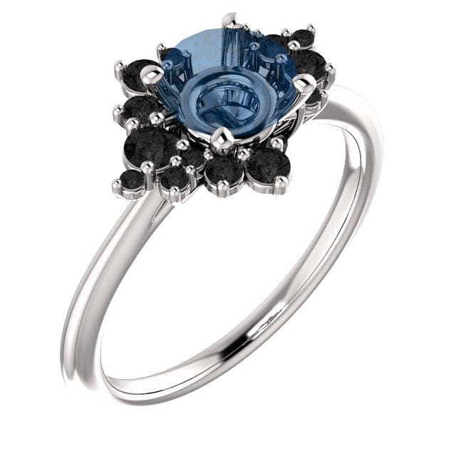 Lydia - Prong Set Accented Side Cluster /Halo Engagement Ring - Setting only Black Opaque Diamonds / 14kX1 Nickel White Gold (Not Rhodium Plated) Ring Setting by Nodeform