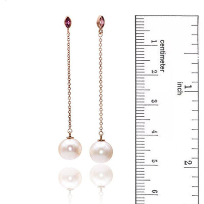 Marquise Garnet & White Pearl Long Dangle Earrings in 14k Rose Gold, Ready to Ship 14k WhiteGold Earrings by Nodeform
