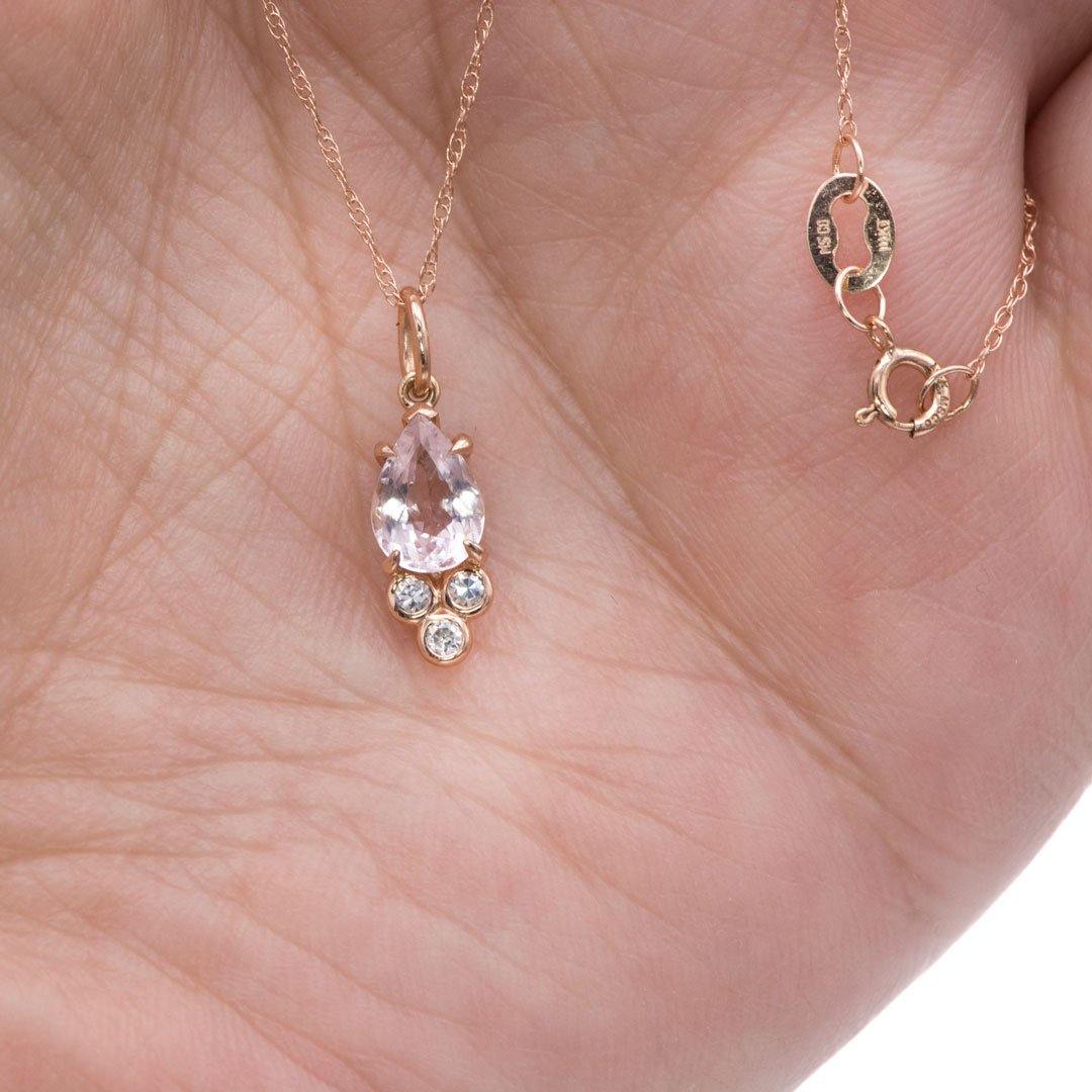 Accented Pear Morganite & Moissanite 14k Rose Gold Pendant Necklace, Ready to Ship 14k Rose Gold Necklace / Pendant by Nodeform
