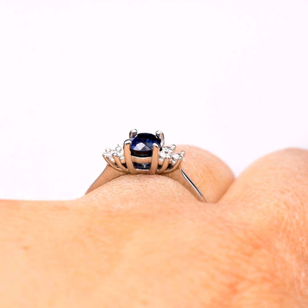Ellie Ring- Oval Blue Sapphire Prong Set Accented Engagement Ring Ring by Nodeform