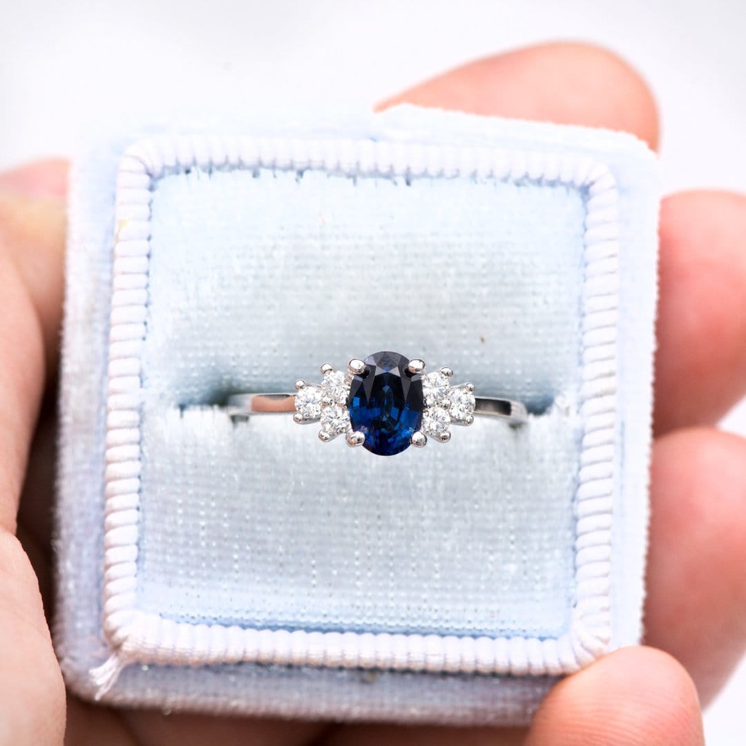 Ellie Ring- Oval Blue Sapphire Prong Set Accented Engagement Ring Ring by Nodeform