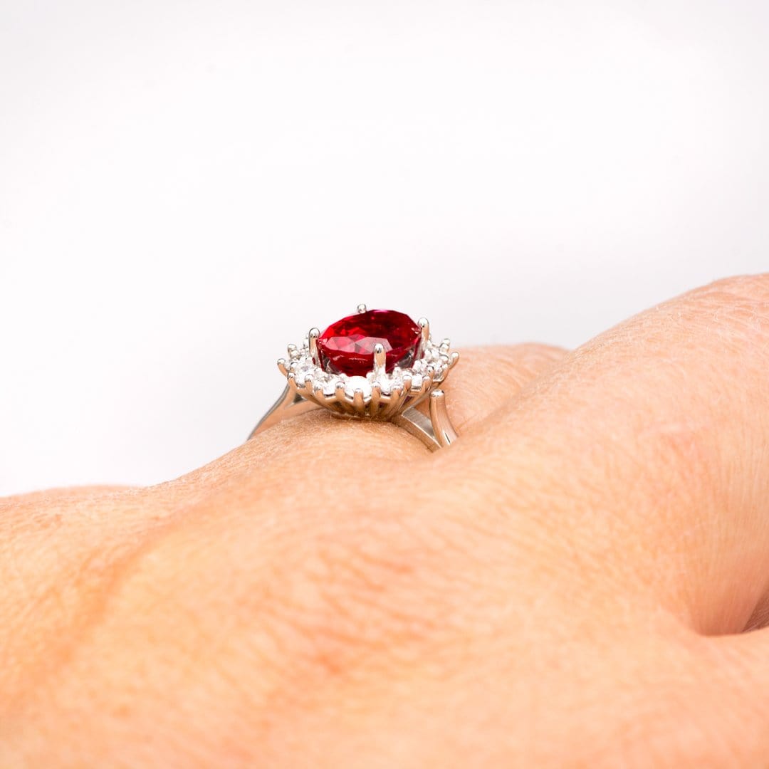 Ophelia - Oval Lab-Grown Ruby Prong Set Halo Engagement Ring Ring by Nodeform