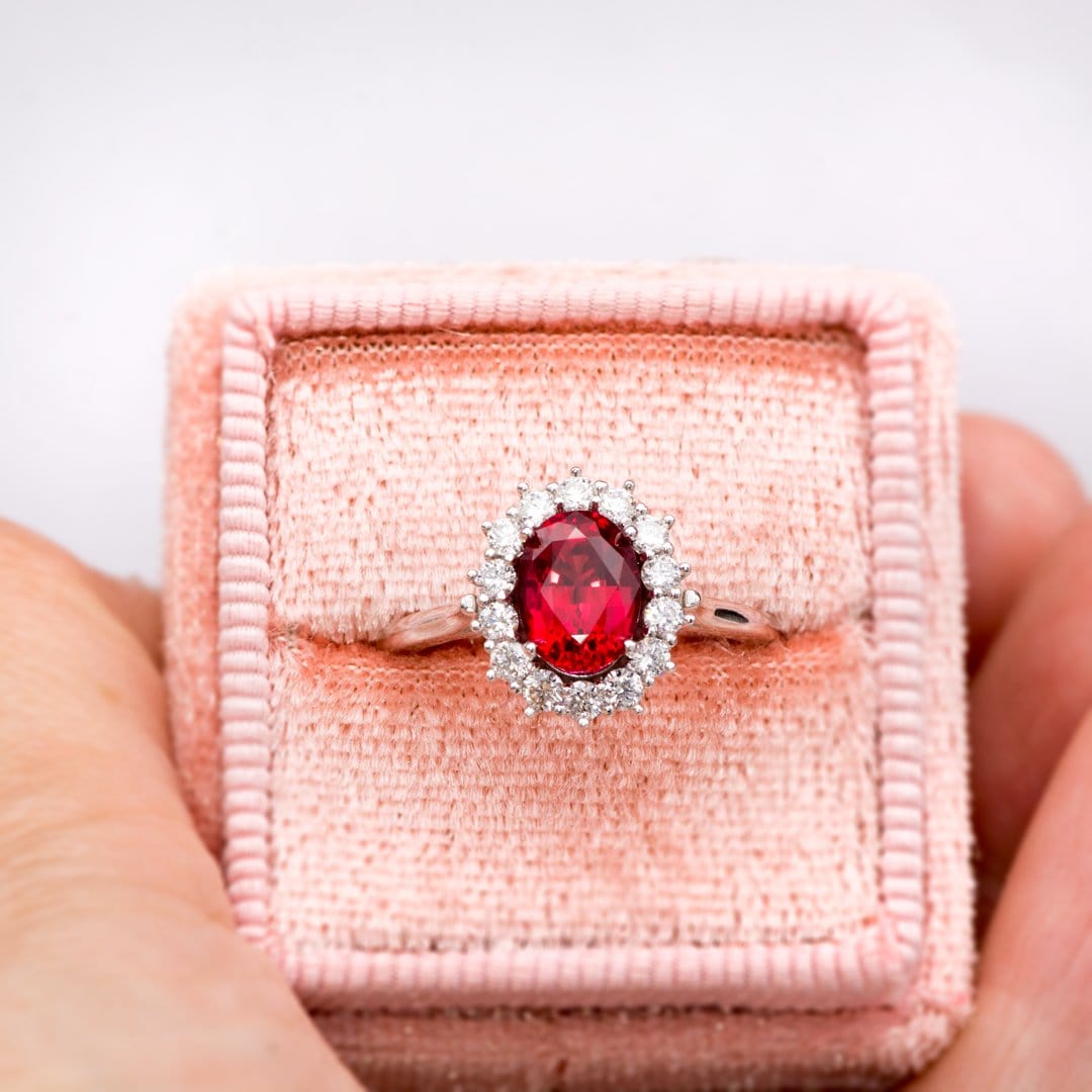 Ophelia - Oval Lab-Grown Ruby Prong Set Halo Engagement Ring Ring by Nodeform