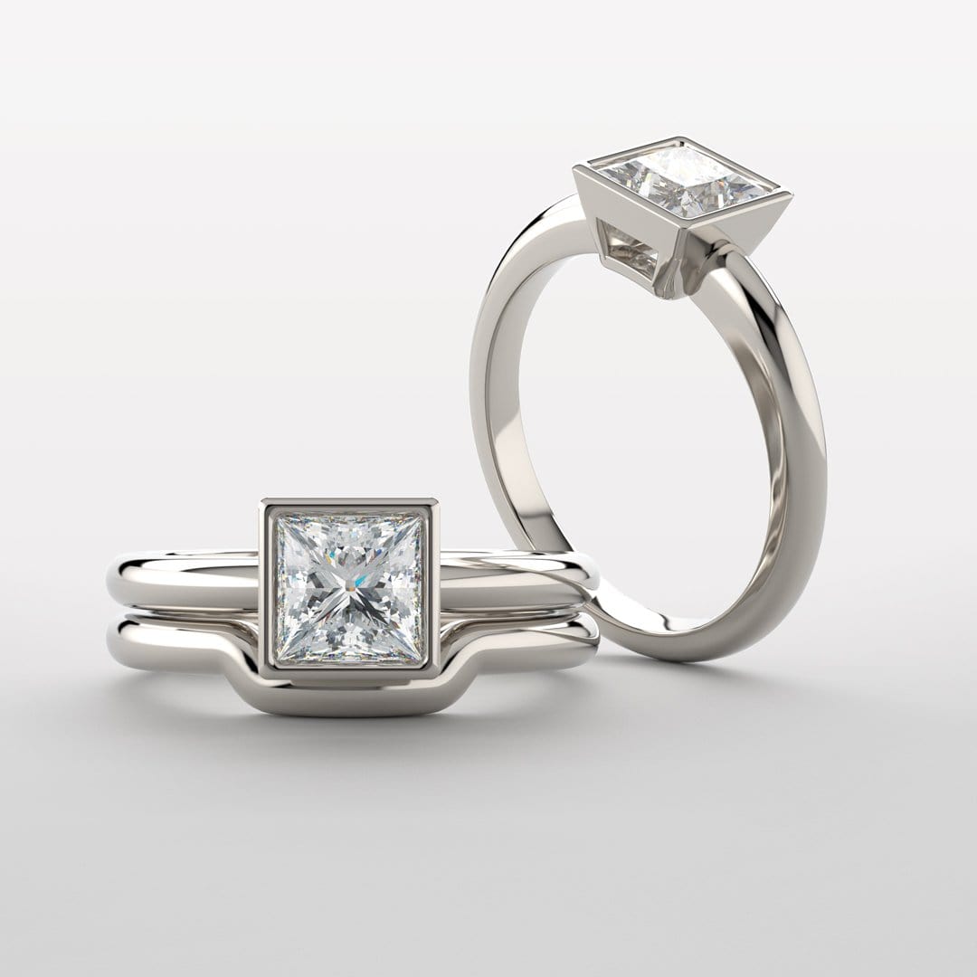 Princess Cut Moissanite Cutout Bezel Solitaire Engagement Ring 4mm Brilliant Cut Near-Colorless F1 Moissanite (GHI Color) / 14k White Gold (Contains Nickel - not Rhodium Plated) Ring by Nodeform