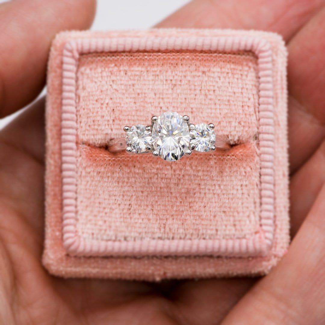 Oval Moissanite 3 Stone Prong Set Engagement Ring Ring by Nodeform