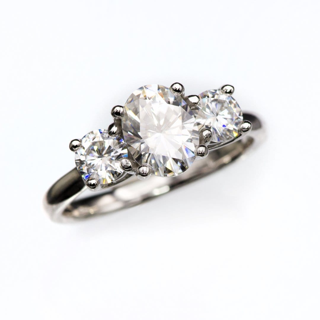 Oval Moissanite 3 Stone Prong Set Engagement Ring Platinum / 8x6mm/1.33ct Colorless Forever One moissanites (color D-F) Ring by Nodeform