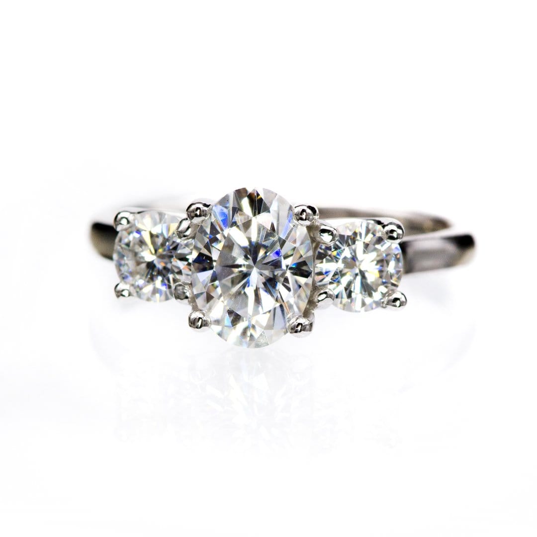 Oval Moissanite 3 Stone Prong Set Engagement Ring 14k Nickel White Gold (Rhodium Plated) / 8x6mm/1.33ct Colorless Forever One moissanites (color D-F) Ring by Nodeform