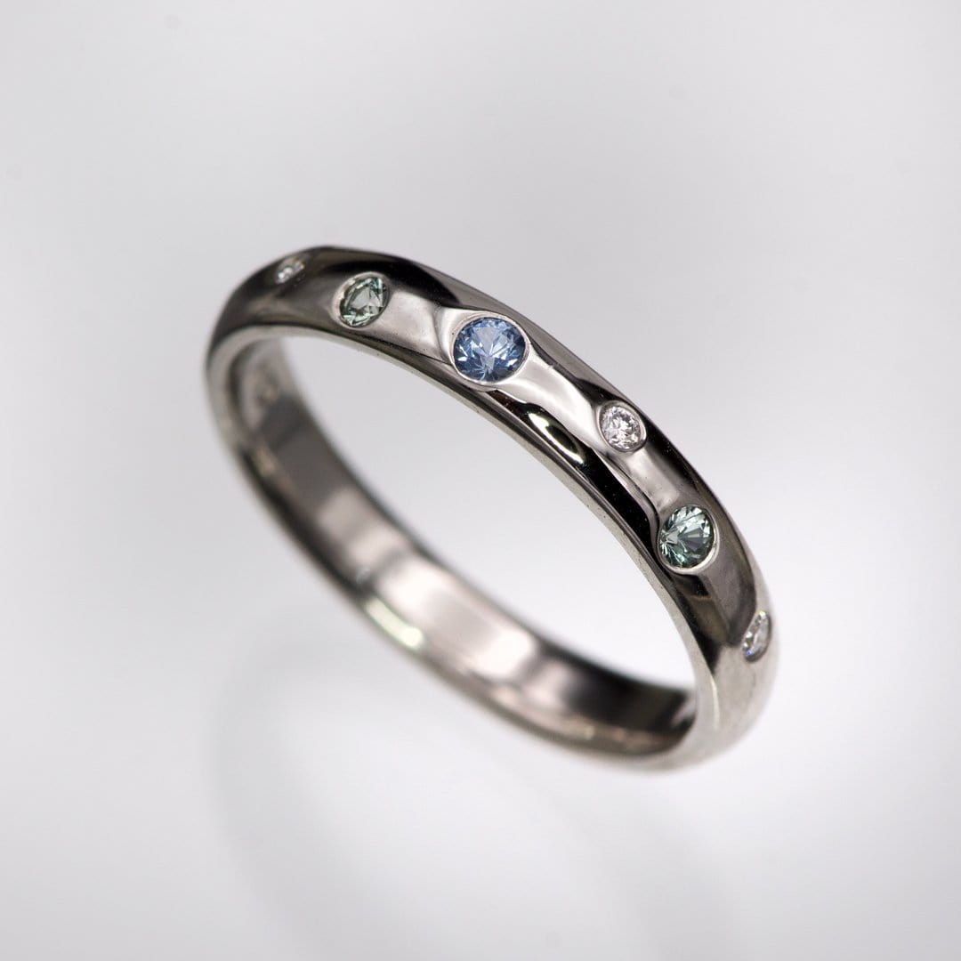 Domed Wedding Band with Flush set Montana Sapphires and Diamonds Sterling Silver / 3mm Ring by Nodeform