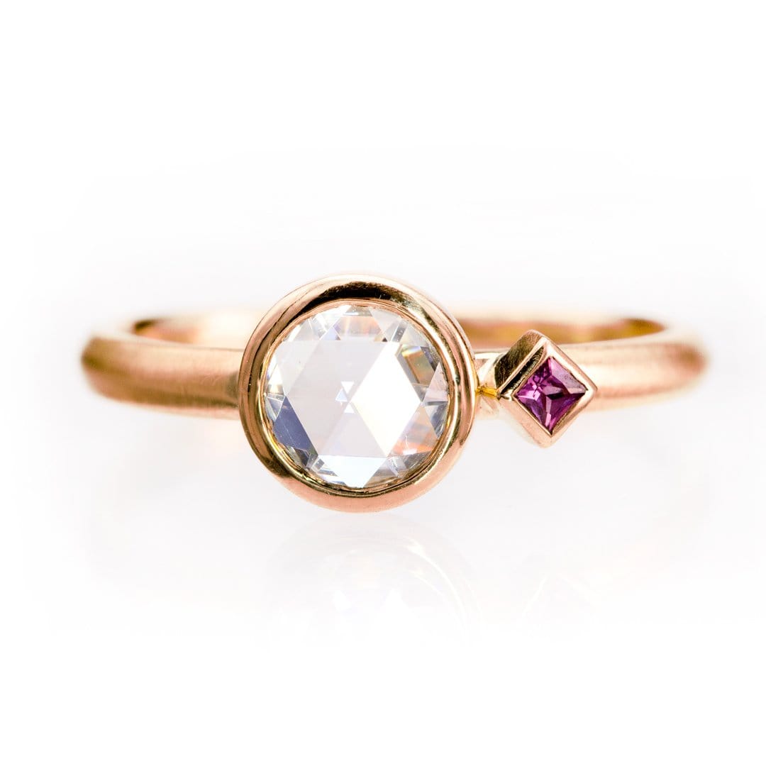 Rose Cut Moissanite & Accent Princess Ruby Bezel Set Engagement Ring 14k Rose Gold Ring by Nodeform