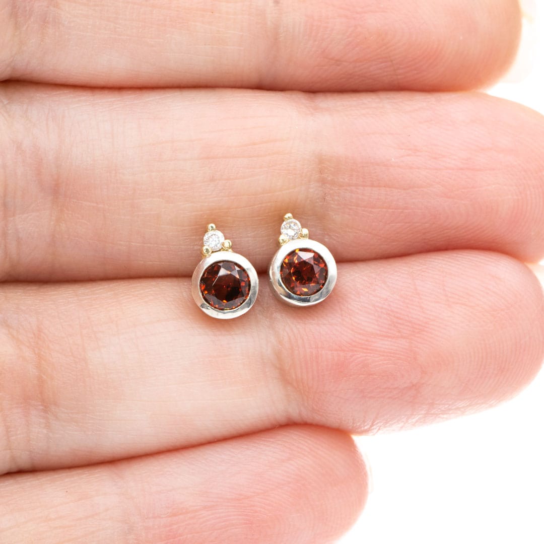 Garnet Bezel Set Sterling Silver Stud Earrings With Yellow Gold Moissanite Accents, Ready to Ship Earrings by Nodeform