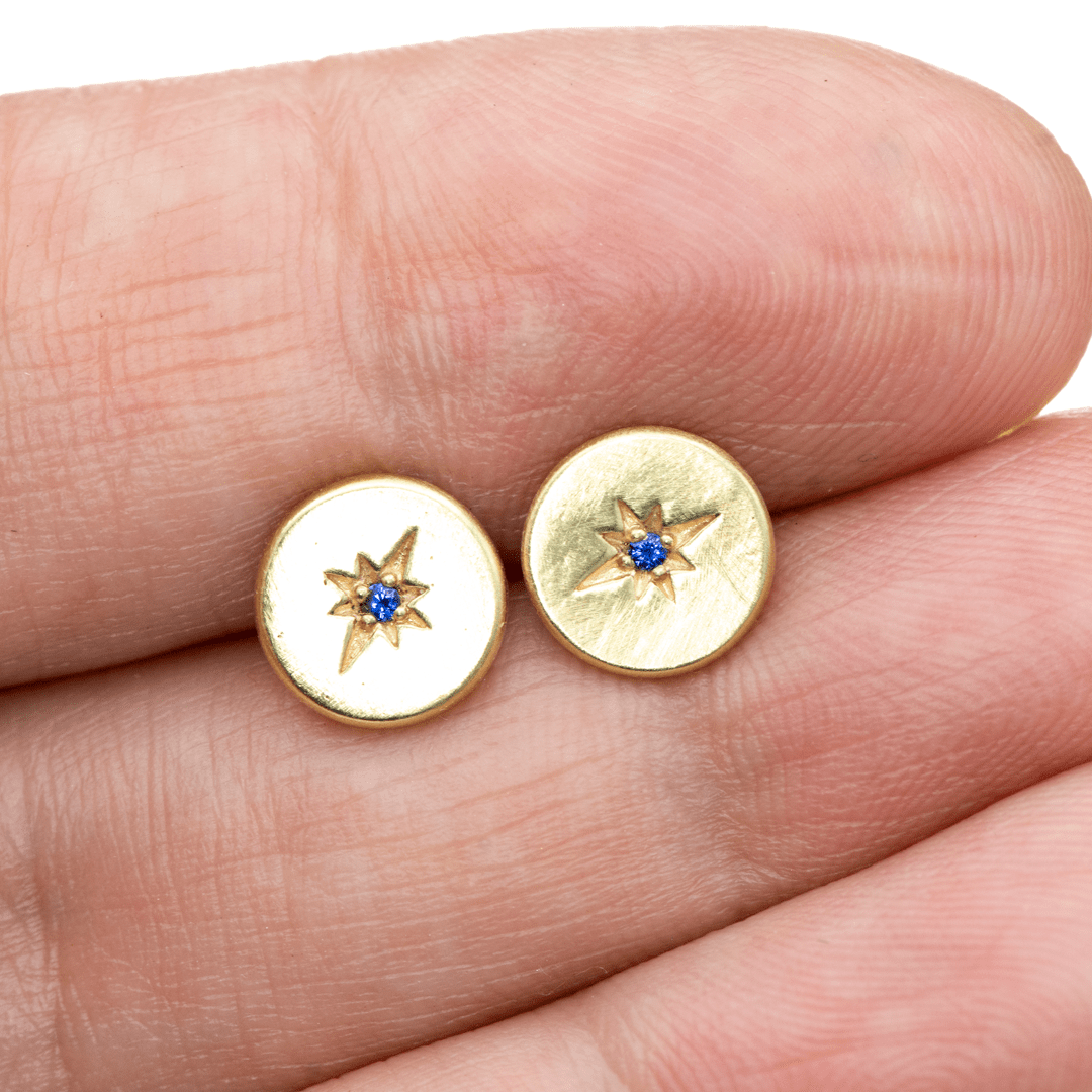 Blue Sapphire Star Set Round Disk Stud Earrings Earrings by Nodeform
