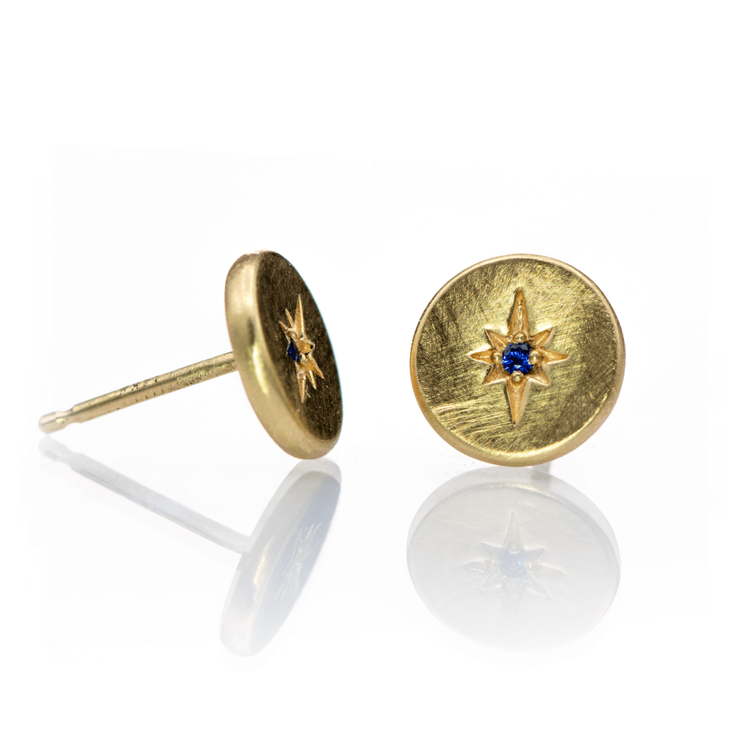 Blue Sapphire Star Set Round Disk Stud Earrings Earrings by Nodeform