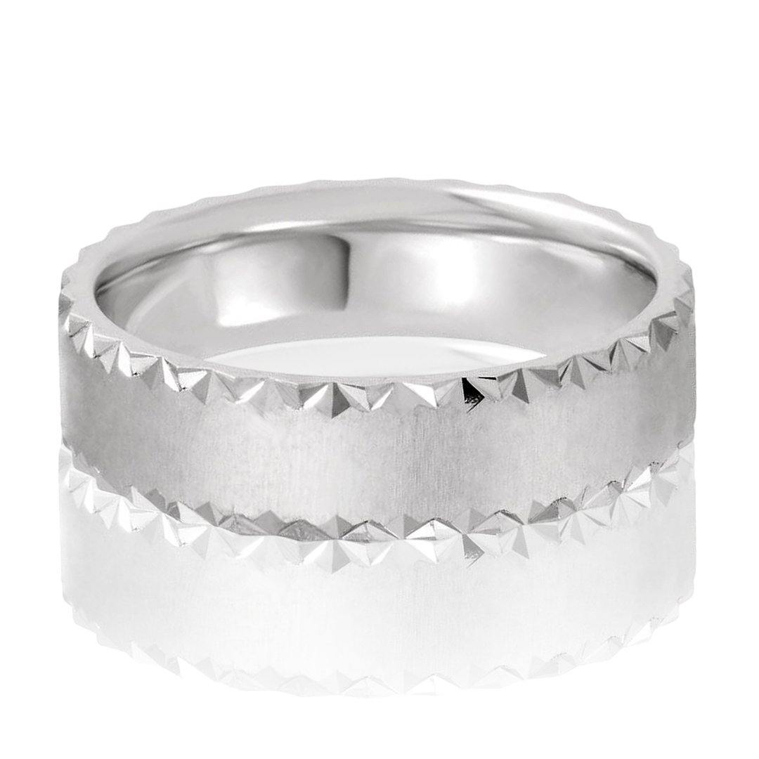 6mm Wide Scalloped Edge Flat Comfort-fit Men's Wedding Band 14k White Gold Ring by Nodeform