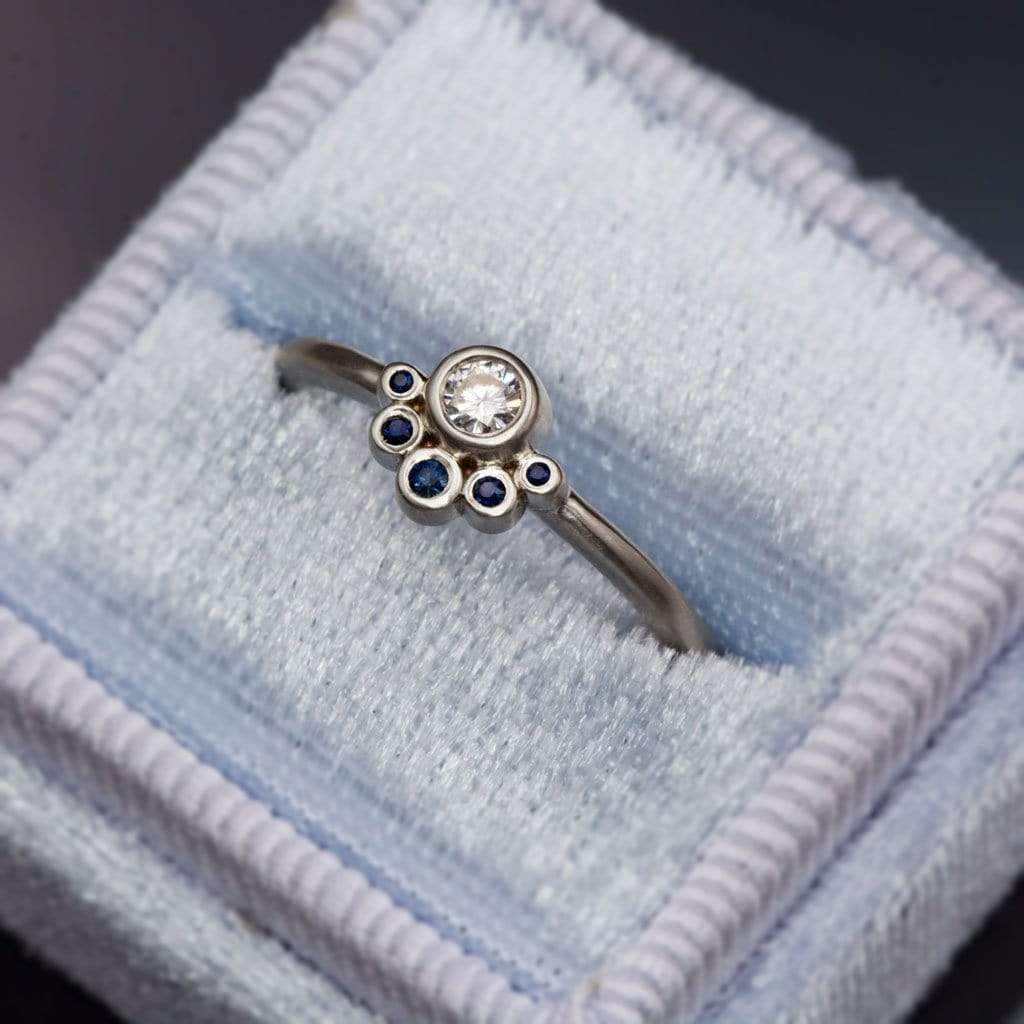 Half Halo Stacking Ring, Bezel Set Moissanite & Australian Blue Sapphire Accents Ready to Ship Sterling Silver Ring Ready To Ship by Nodeform