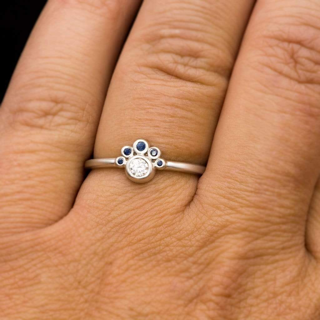 Half Halo Stacking Ring, Bezel Set Moissanite & Australian Blue Sapphire Accents Ready to Ship Sterling Silver Ring Ready To Ship by Nodeform