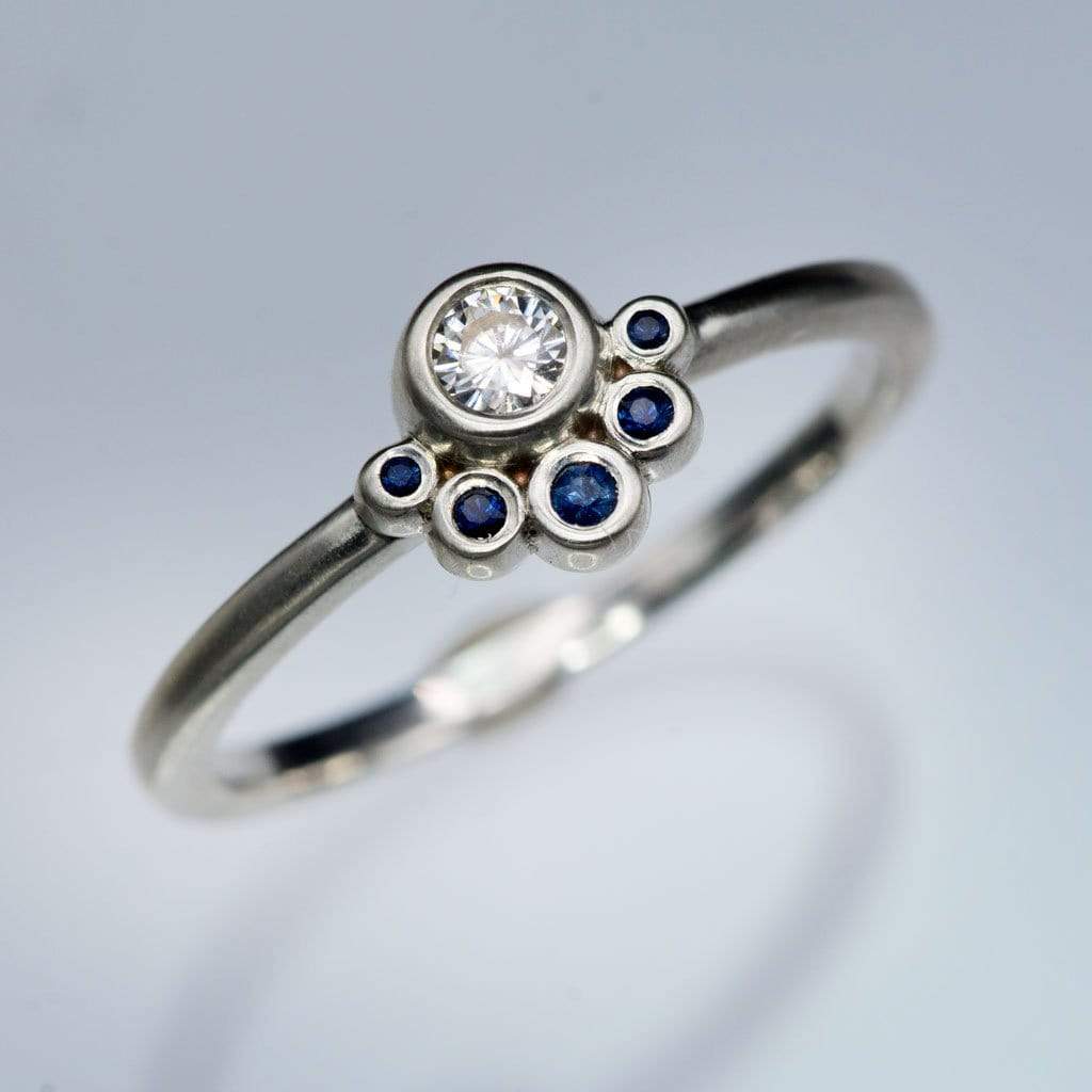 Half Halo Stacking Ring, Bezel Set Moissanite & Australian Blue Sapphire Accents Ready to Ship Sterling Silver Ring Ready To Ship by Nodeform