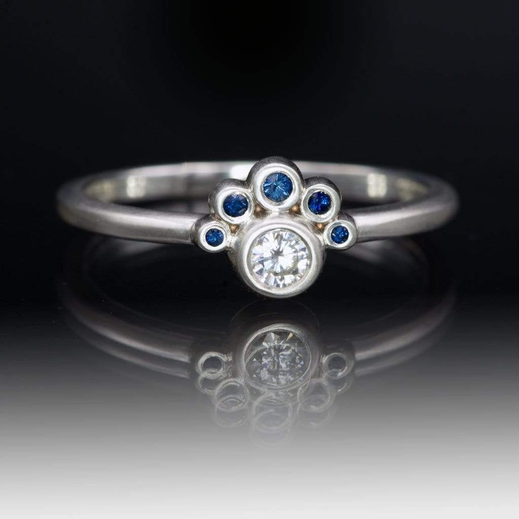 Half Halo Stacking Ring, Bezel Set Moissanite & Australian Blue Sapphire Accents Ready to Ship Sterling Silver Ring Ready To Ship by Nodeform