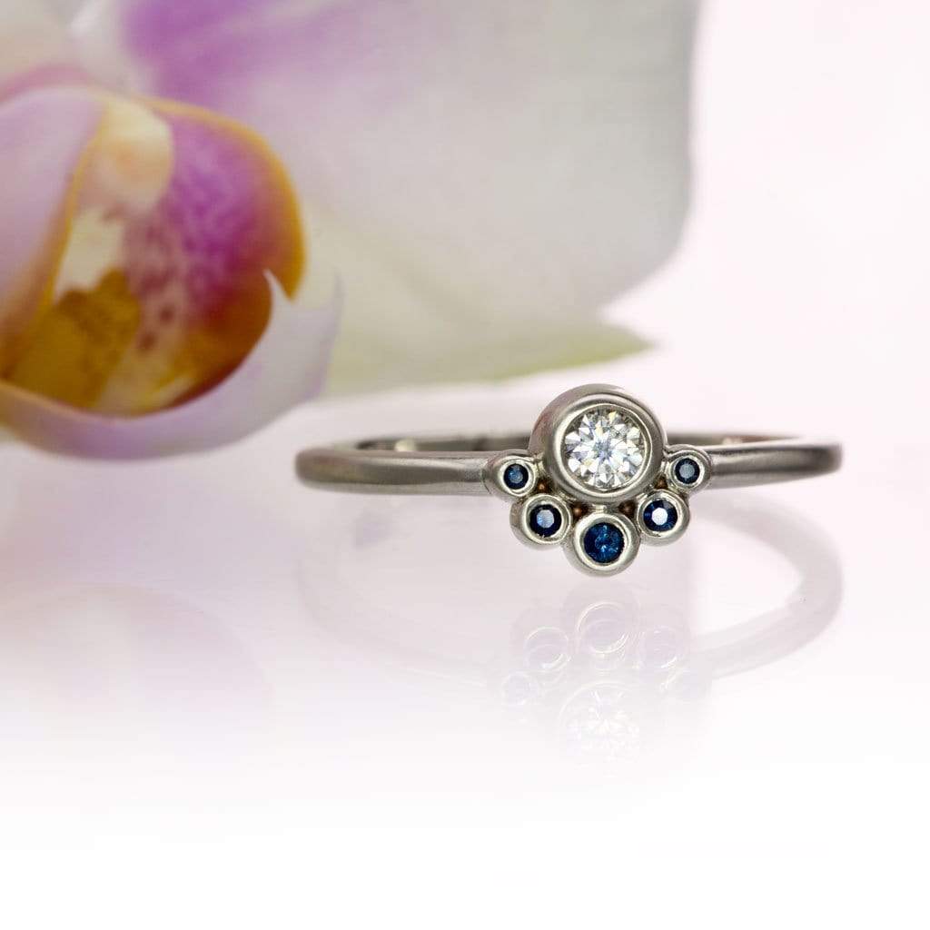 Half Halo Stacking Ring, Bezel Set Moissanite & Australian Blue Sapphire Accents Ready to Ship Sterling Silver Ring Ready To Ship by Nodeform