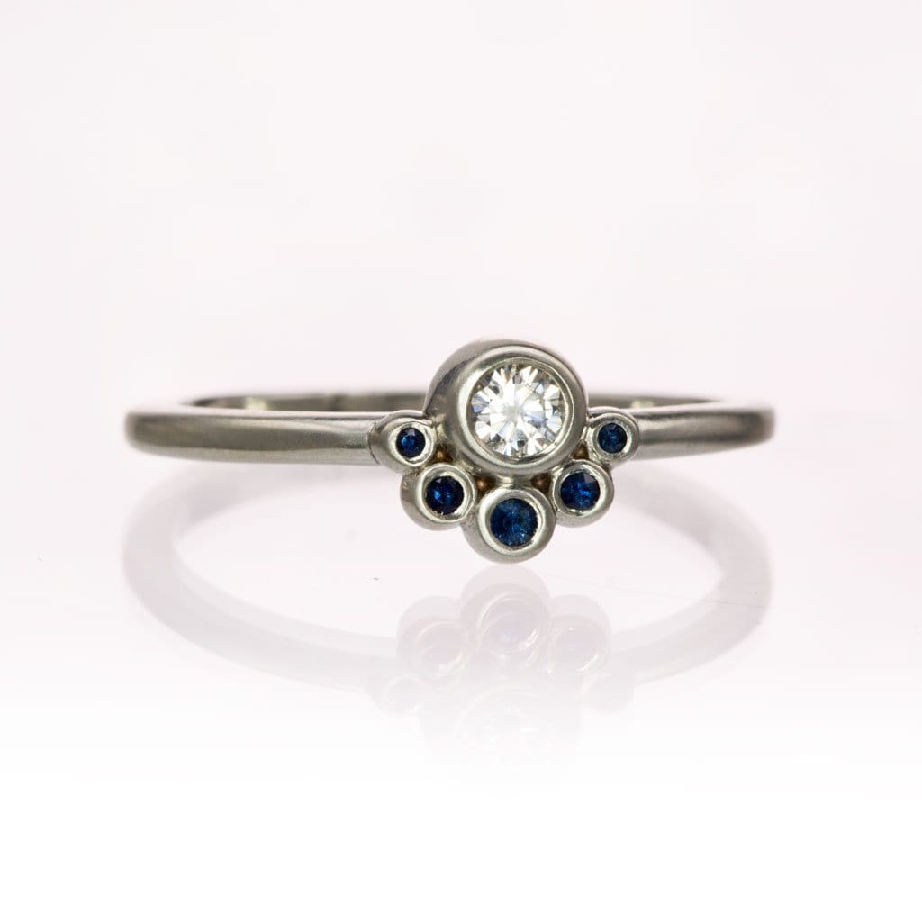 Half Halo Stacking Ring, Bezel Set Moissanite & Australian Blue Sapphire Accents Ready to Ship Sterling Silver Ring Ready To Ship by Nodeform