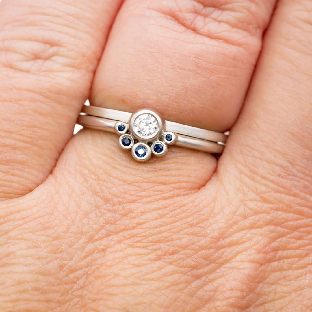 Half Halo Stacking Ring, Bezel Set Moissanite & Australian Blue Sapphire Accents Ready to Ship Sterling Silver Ring Ready To Ship by Nodeform