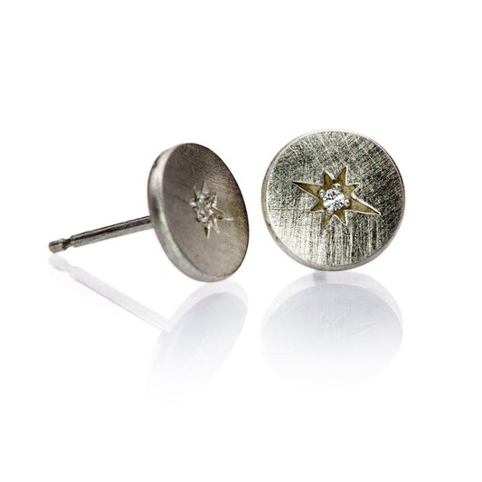 Diamond Star Set Round Sterling Silver Disk Stud Earrings Sterling Silver Earrings by Nodeform