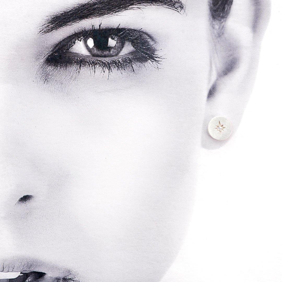 Diamond Star Set Round Sterling Silver Disk Stud Earrings Sterling Silver Earrings by Nodeform