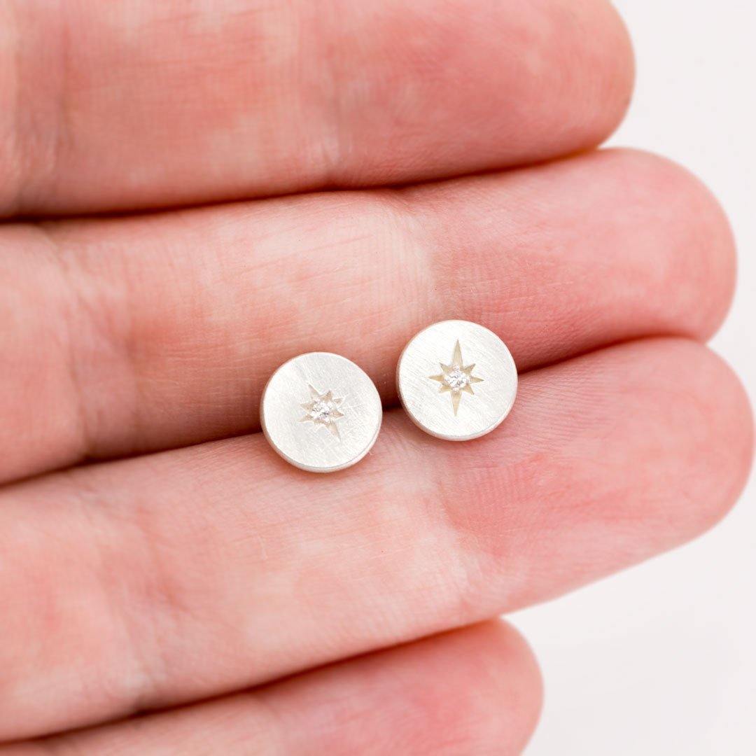 Diamond Star Set Round Sterling Silver Disk Stud Earrings Sterling Silver Earrings by Nodeform