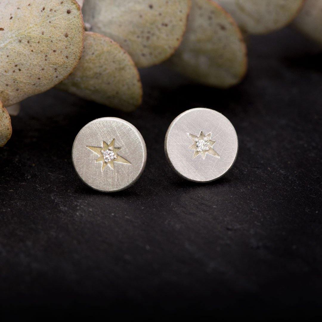 Diamond Star Set Round Sterling Silver Disk Stud Earrings Sterling Silver Earrings by Nodeform