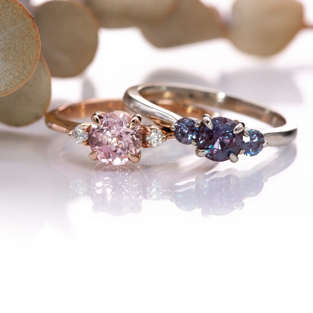 Tess - Three Stone Prong set Champagne Sapphire & Moissanite 10k Rose Gold Engagement Ring, Ready To Ship Ring Ready To Ship by Nodeform