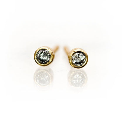 Tiny Gray Salt & Pepper Diamond Bezel Set Stud Earrings 14k Yellow Gold Earrings by Nodeform
