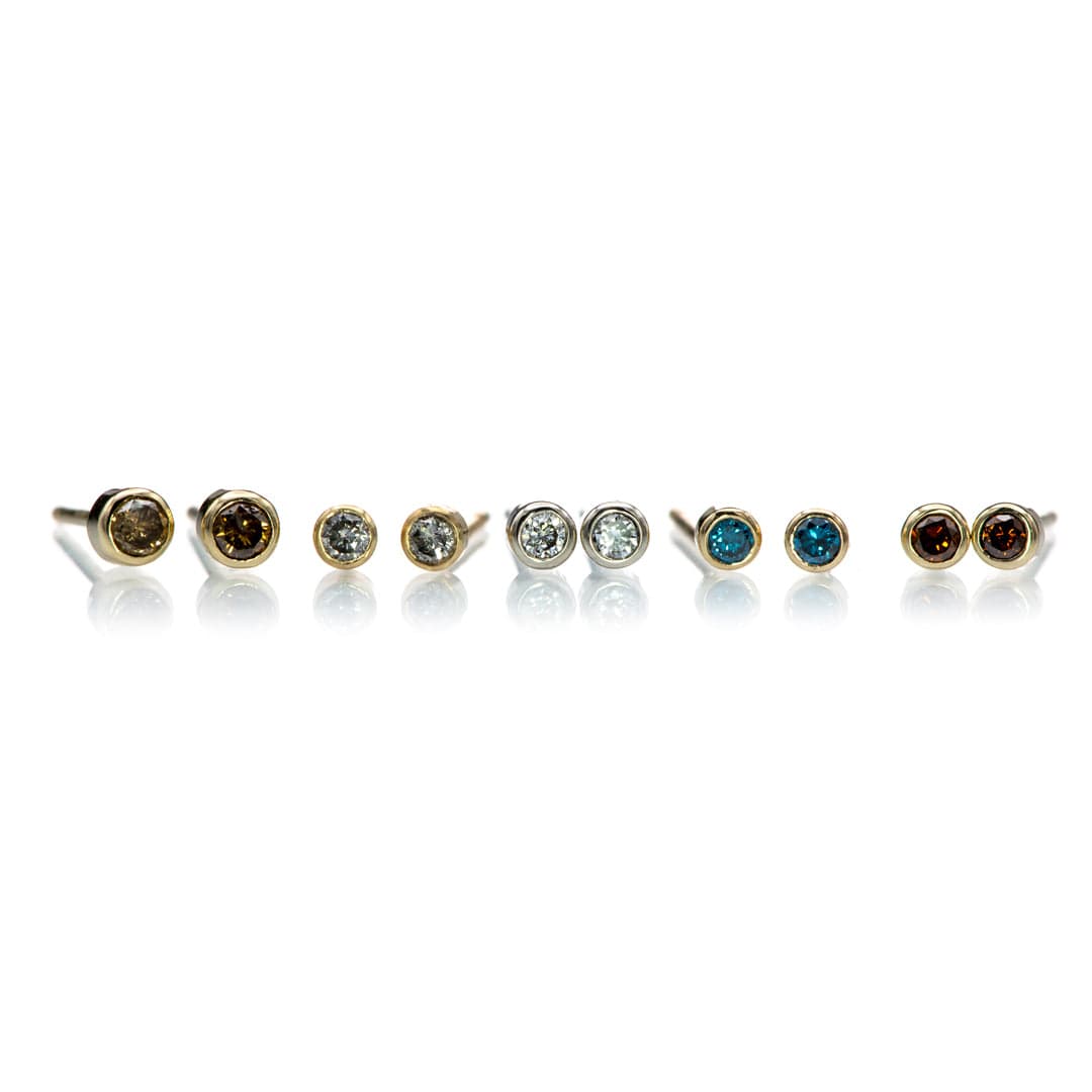 Tiny Teal Blue Diamond Bezel Set 14k Yellow Gold Stud Earrings, Ready to Ship Earrings by Nodeform