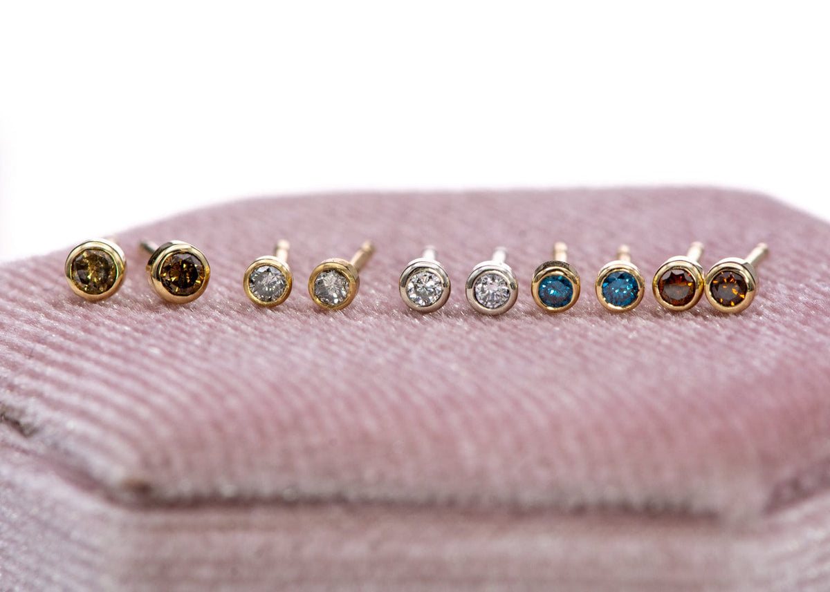 Tiny Cognac colored Diamond Bezel Set 14k Yellow Gold Stud Earrings, Ready to Ship Earrings by Nodeform