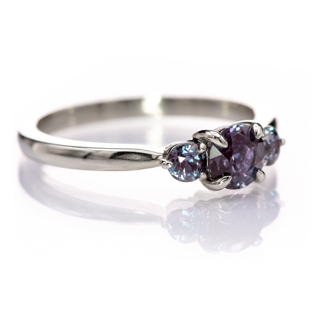 Tracy- Three Stone Accented Engagement Ring, Prong set Round Alexandrites Ring by Nodeform