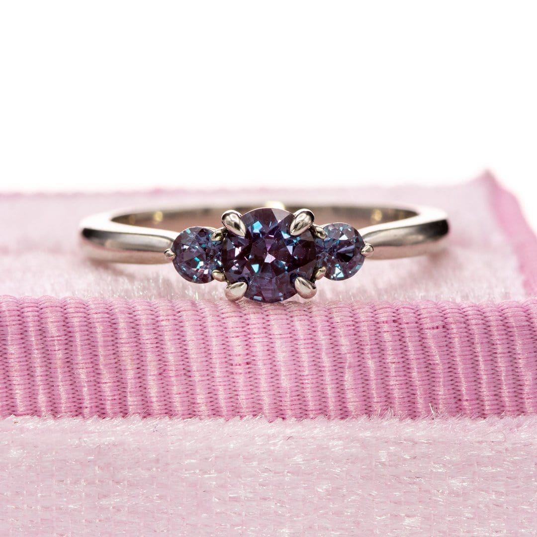 Tracy- Three Stone Accented Engagement Ring, Prong set Round Alexandrites Ring by Nodeform