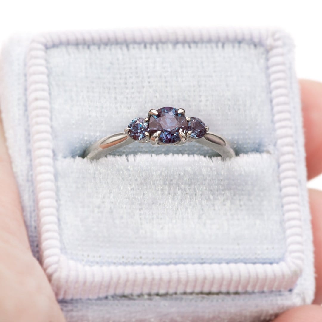 Tracy- Three Stone Accented Engagement Ring, Prong set Round Alexandrites Ring by Nodeform