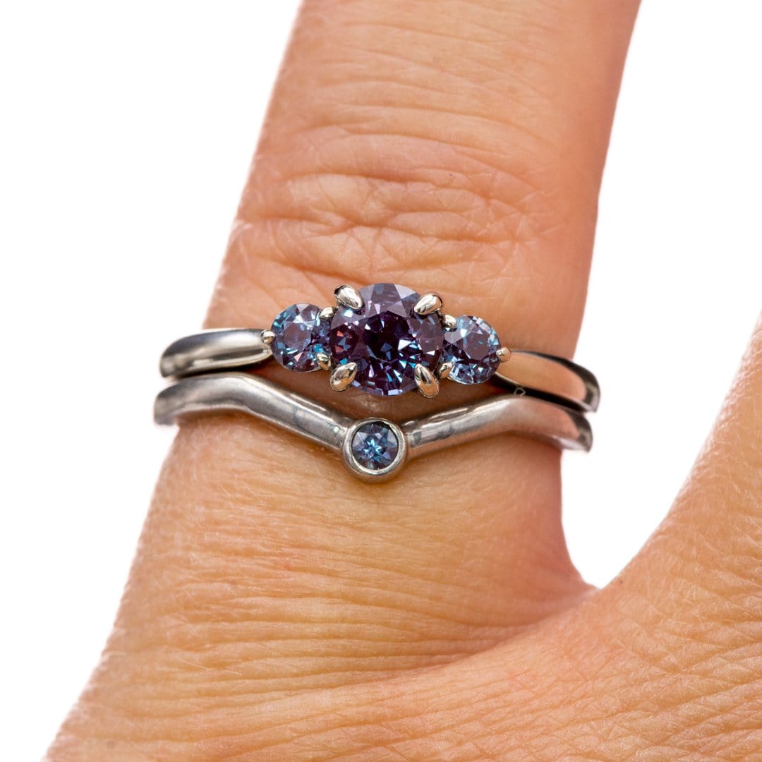 Tracy- Three Stone Accented Engagement Ring, Prong set Round Alexandrites Ring by Nodeform