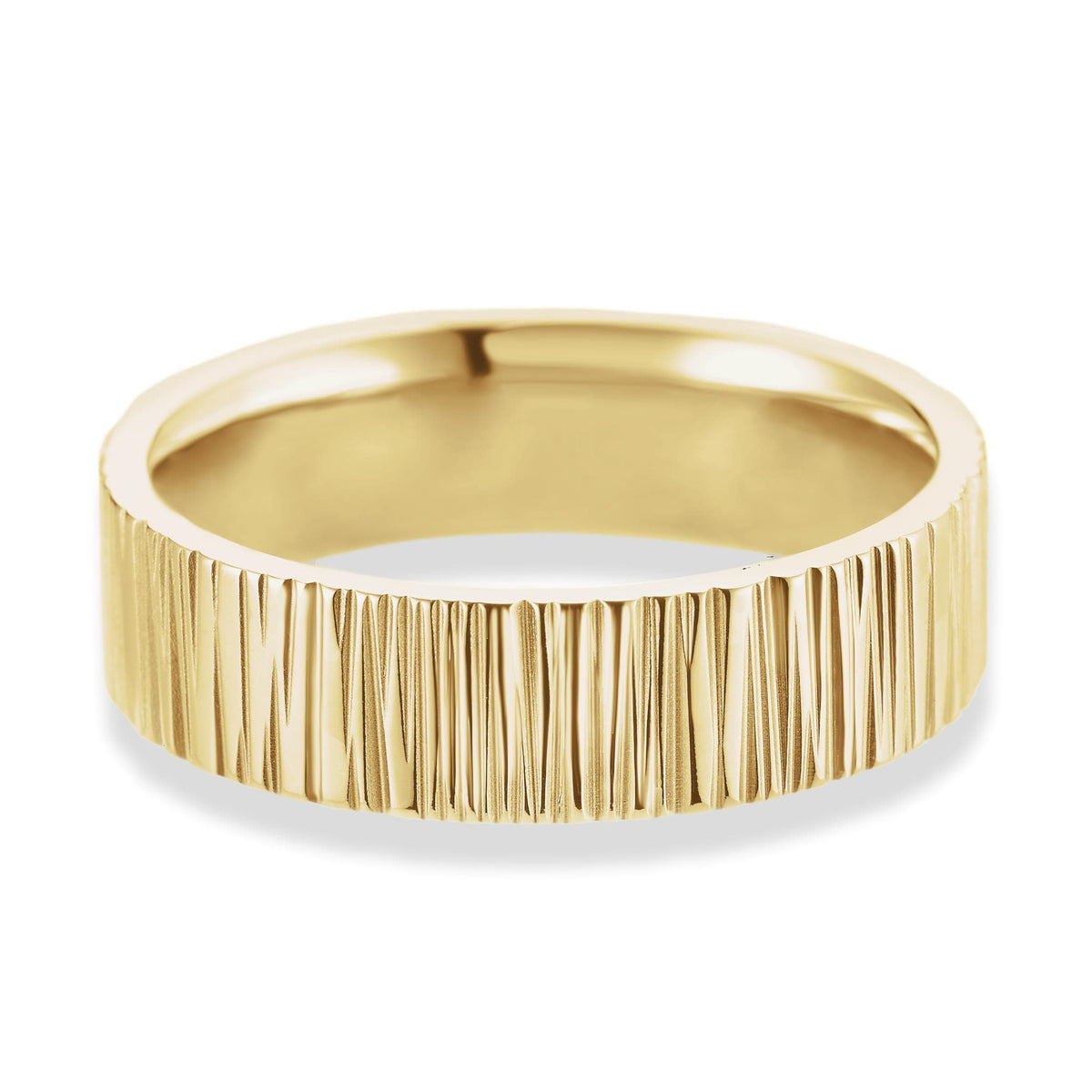 6mm Wide Tree Bark Textured Flat Comfort-fit Men's Wedding Band 14k Yellow Gold Ring by Nodeform